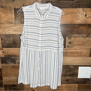 J Jill Large Sleeveless Button Up Blouse Striped with Metallic Thread Babydoll